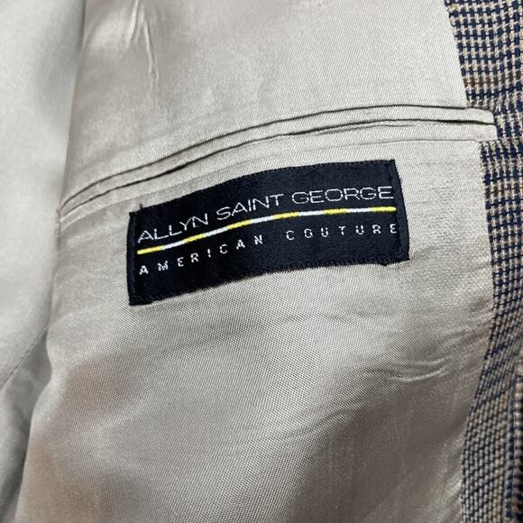 Allyn Saint George 100% Silk Blazer Jacket Mens 42R Tan Black Houndstooth Plaid - Picture 5 of 15